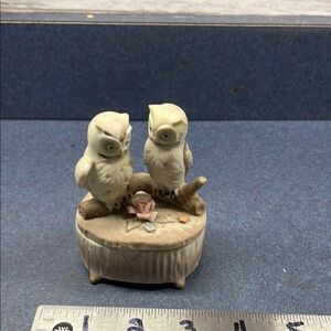 Lefton porcelain Owl Figurine trinket box with Brown and Cream Accents